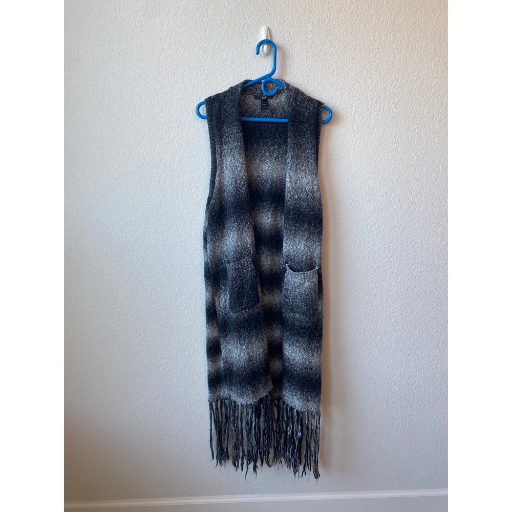 Rain Women Ombre Striped Boho Long Knit Fringe Vest Size L Gray Black
